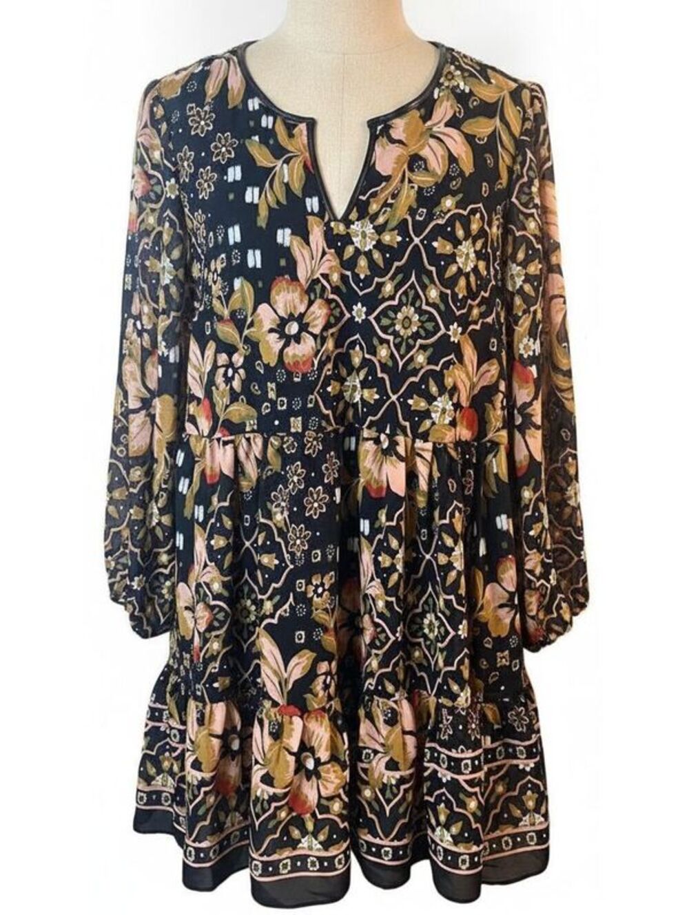Halogen XL Black Floral Babydoll Mini Dress Semi Sheer Sleeve Boho Border Print